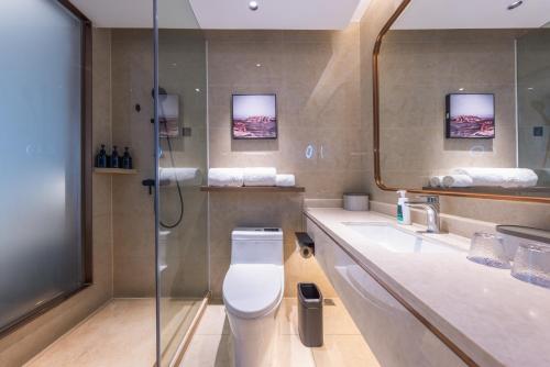 广州广州大道南琶洲会展中心亚朵X酒店的浴室配有卫生间、盥洗盆和淋浴。