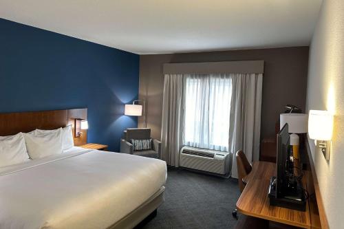 亚克朗Comfort Inn & Suites Akron South的一间设有大床和窗户的酒店客房