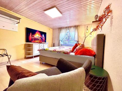 Guest Apartment Seeland的卧室配有一张床,墙上配有电视。