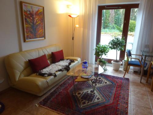 锡姆里斯港Solrosen i Simrishamn - Österlen的带沙发和玻璃桌的客厅