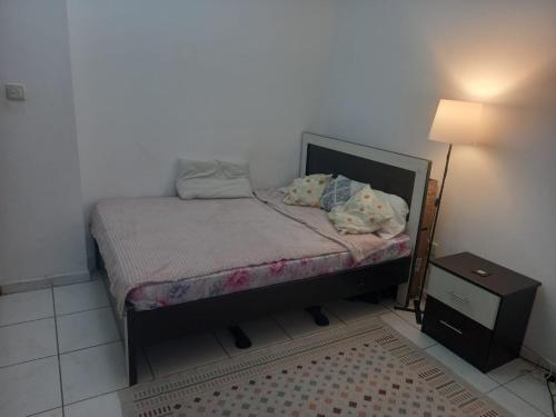 沙迦Family Room In Sharjah的一间小卧室,配有床和灯