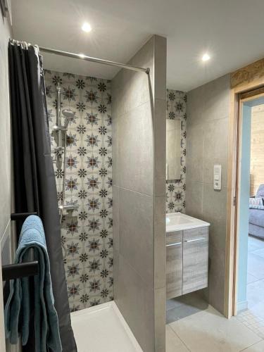 莱瑟佩瑟Chambre privée proche parc Puy duFou boîte à clef的带淋浴和盥洗盆的浴室