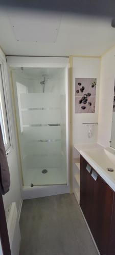 波讷地区帕朗提Mobilhome 6 personnes的一间带玻璃淋浴和水槽的浴室