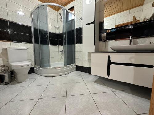契拉勒Palm Konak Hotel的浴室配有卫生间、盥洗盆和淋浴。