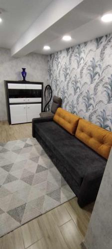希卢泰Butas Siluteje的客厅里一张黑色的沙发,墙上挂着一张