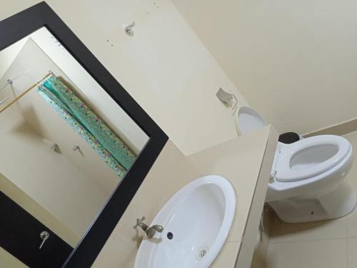 通苏帕HOTEL AVICTORIA的一间带水槽、卫生间和镜子的浴室