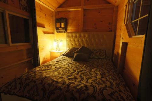班克罗夫特Footprints Resort的一间小卧室,配有一张位于木制房间内的床