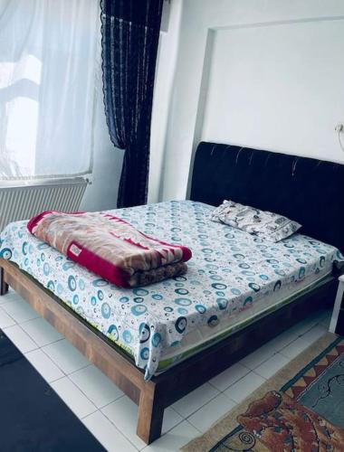迪亚巴克尔Diyarbakır bölgesinde konaklama的一张带蓝色床头板和枕头的床