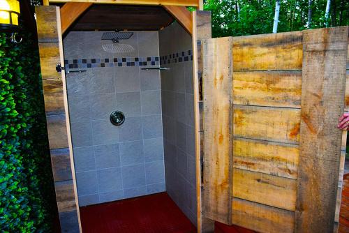 班克罗夫特Footprints Resort的带淋浴的浴室和木门
