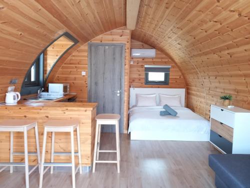 ProdhromiGlamping Pod的小屋内带床和厨房的房间