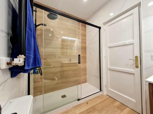 巴塞罗那文森特之家公寓的浴室里设有玻璃门淋浴