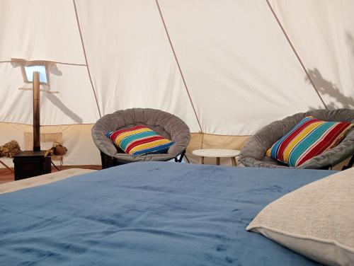 蒙泰韦尔德哥斯达黎加Better Life Mountain Camp Monte Verde的帐篷内的一张床和两把椅子