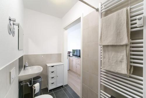奥厄Preiswertes modernes Gästezimmer in Aue Bad-Schlema的白色的浴室设有水槽和卫生间。