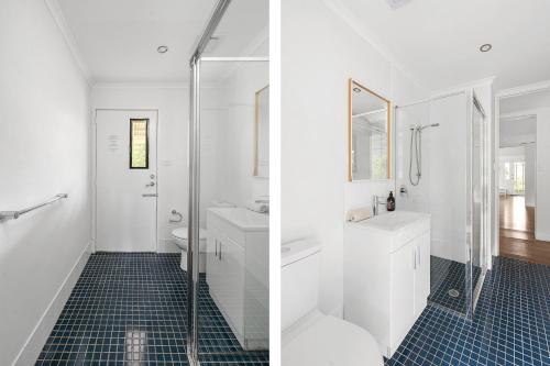 袋鼠谷Wild Rose Cottage Kiaroo Estate, Kangaroo Valley的带淋浴、盥洗盆和卫生间的浴室