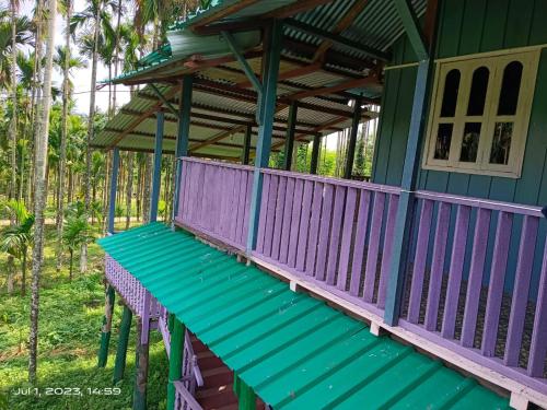 Buxa DuārDOOARS VELLEY HOME STAY的棕榈树房子上的紫色甲板