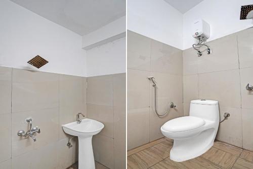 诺伊达OYO Hotel Grand Shiva的浴室的两张照片,配有卫生间和水槽