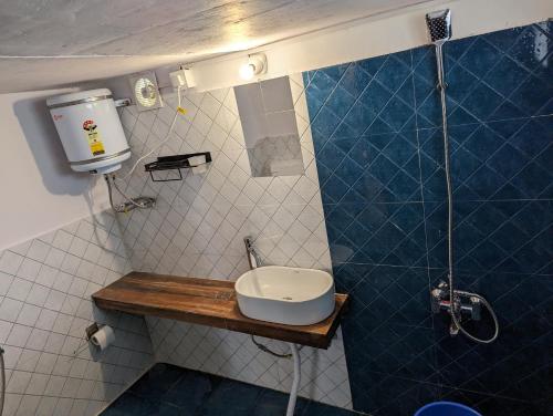 阿尔莫拉Resort Blue Lotus的一间带水槽和淋浴的小浴室