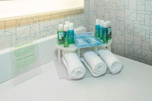 梅迪辛哈特梅迪辛哈特智选假日套房酒店的浴室内带卫生纸和洗浴用品的衣架