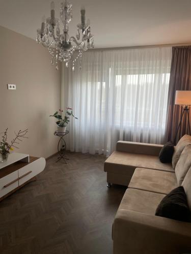 希奥利艾Comfort home Šiauliai的带沙发和吊灯的客厅