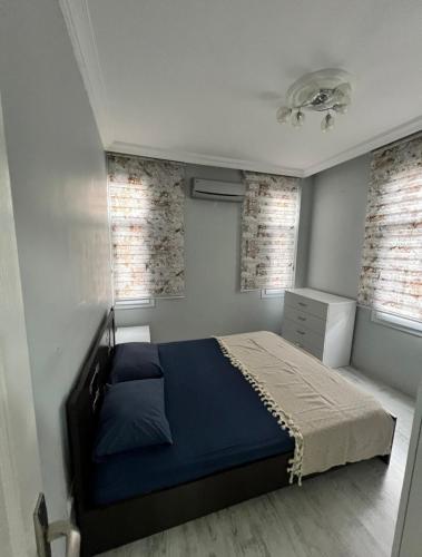 ErdemliDublex havuzlu villa的一间卧室设有蓝色的床和2个窗户。