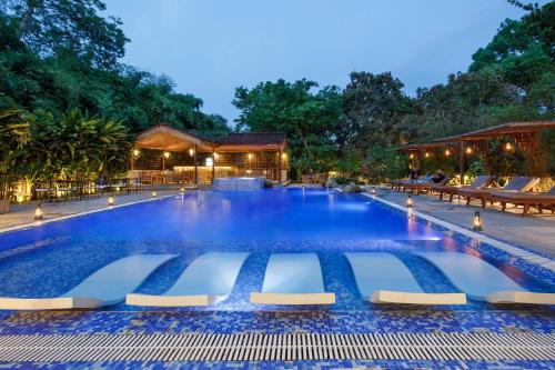 索拉哈绿色庄园丛林度假村的一个带椅子的大型游泳池,一个度假村