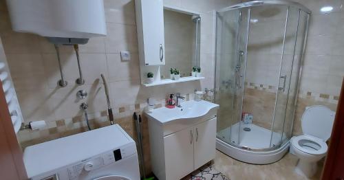 波扎雷瓦茨Apartman Panorama的带淋浴、卫生间和盥洗盆的浴室