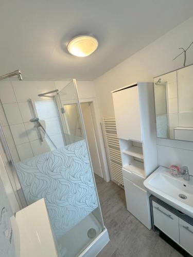 科隆Apartment Mimi Homes Cologne City的带淋浴和盥洗盆的小浴室