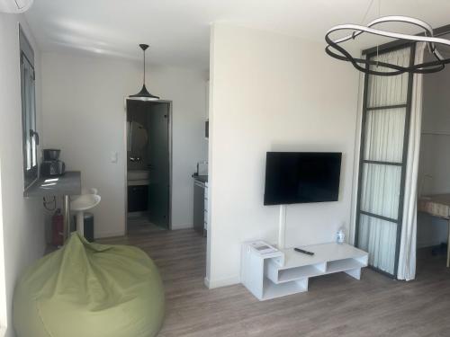 雅典Emilie in Athens - Central chic flat with terrace Syntagma E1的客厅配有沙发和墙上的电视