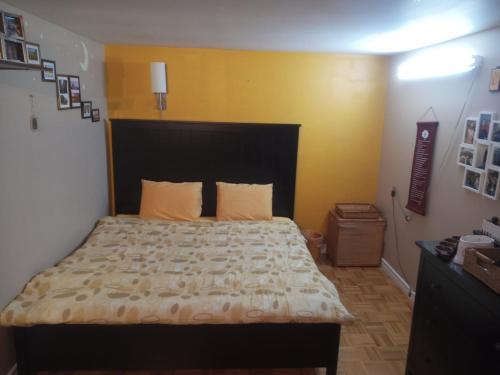 米西索加ROOM for Rent的一间卧室设有一张床和黄色的墙壁