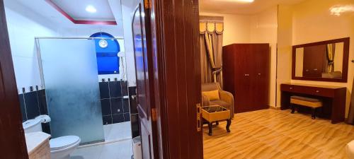 阿尔布亚米AL AMAN HOTEL的浴室配有卫生间、椅子和水槽