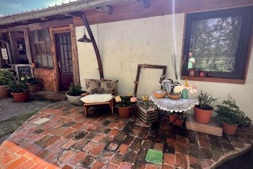 斯洛文尼亚科尼采Ranch Nana's House的户外庭院配有桌椅和植物。