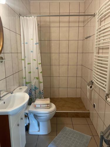 ŻarkiJurajka的浴室配有卫生间、淋浴和盥洗盆。