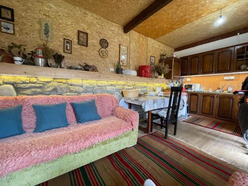 佩尔梅特Origjina Farm的客厅配有粉红色的沙发和桌子