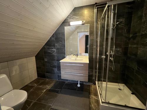 SõruSõru Puhkemaja的带淋浴、盥洗盆和卫生间的浴室