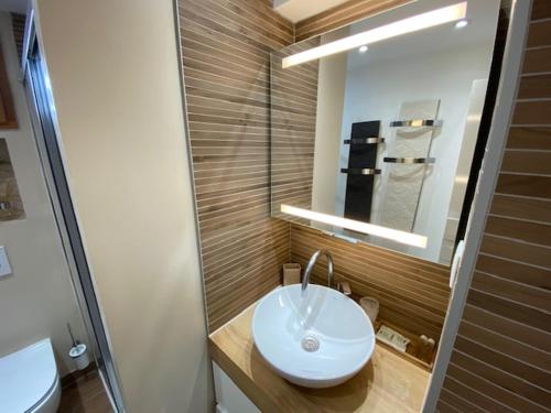 吉洛梅Village de Guillaumes Appartement avec terrasse的浴室设有白色水槽和镜子
