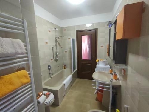 奥斯塔La Betulla Appartamento confortevole Wifi e Parking free的一间带水槽、浴缸和卫生间的浴室