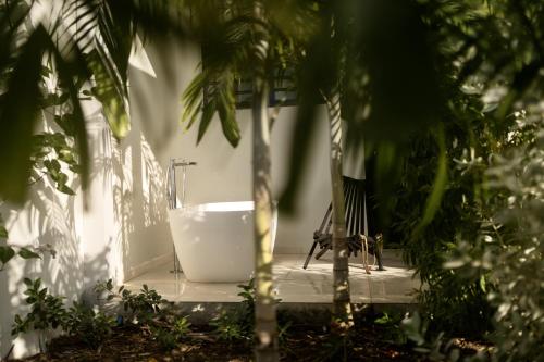 莱昂斯-达赫雷Villa Mahogany的一间带浴缸的浴室,位于棕榈树旁边