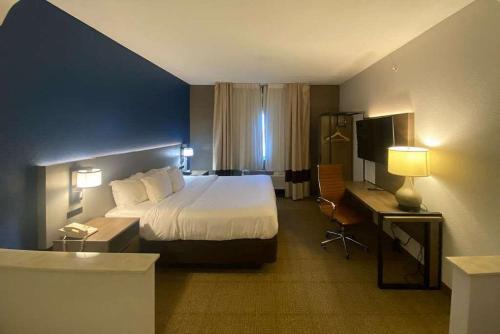 圆石城Round rock hotel的配有一张床和一张书桌的酒店客房