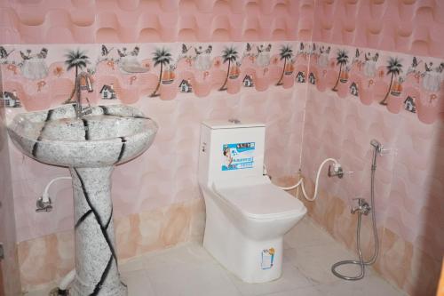 范兰德凡Radha Rani Dham (Near Iskcon Temple)的粉红色的浴室设有水槽和卫生间
