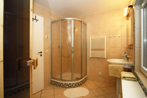 岑平Ferienhaus Waldidyll的带淋浴和盥洗盆的浴室