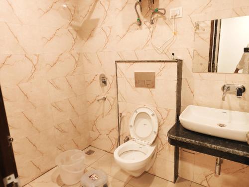新德里Hotel The Tark Near IGI Airport的一间带卫生间和水槽的浴室