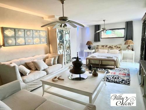 奇维塔诺瓦阿尔塔Villa Silvio的客厅配有沙发和1张床
