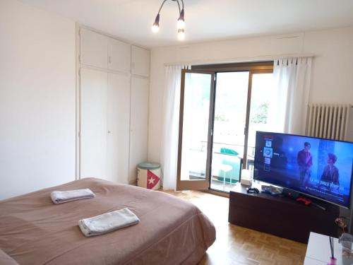 布里萨戈House1919 Via Valmara 14的一间卧室配有一张床和一台大屏幕电视