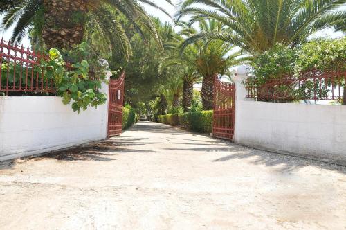 阿尔米罗斯海滩Villa Pami的一条种有棕榈树和红色围栏的车道