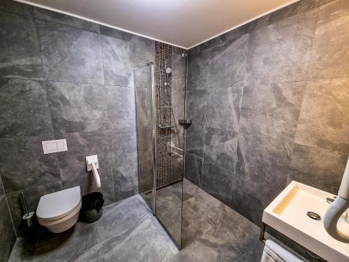 Enscherange瑞克斯密蓝酒店的带淋浴、卫生间和盥洗盆的浴室