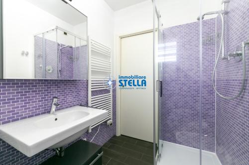 利多迪耶索罗Laguna Park的浴室铺有紫色瓷砖,配有水槽和淋浴。