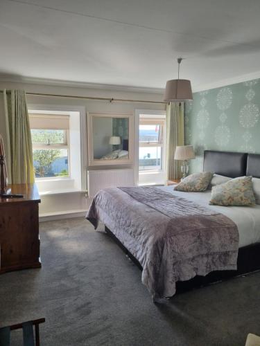 朗德斯通Roundstone House Hotel的一间卧室设有一张大床和两个窗户。