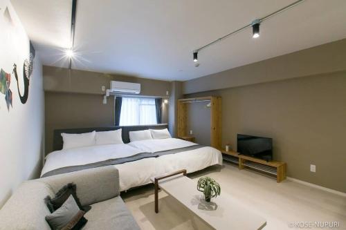 广岛bHOTEL Origaminn 402 - 5 mins PeacePark的一间带大床和电视的卧室