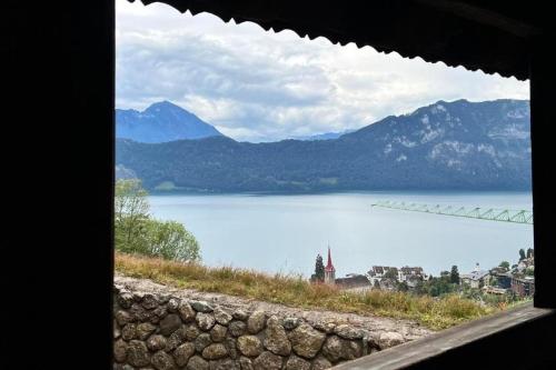 韦吉斯Unterkunft SPYCHER WEGGIS的享有以山脉为背景的湖泊美景