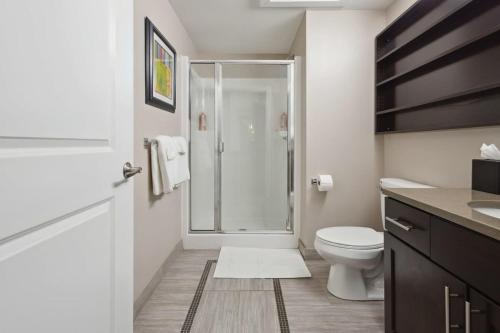 底特律2BR Downtown Luxury Getaway的带淋浴和卫生间的白色浴室